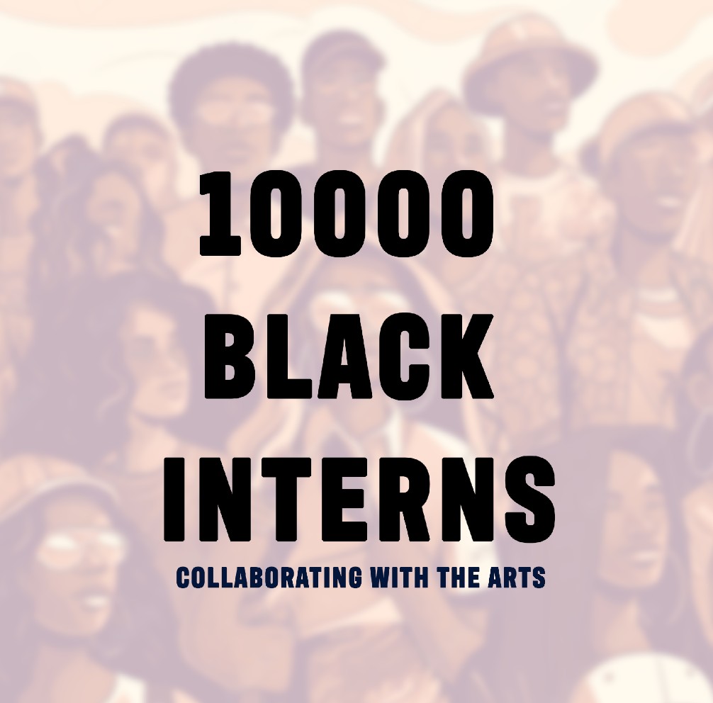Direction one: a soft, warm illustration of a crowd of people behind plain black type reading 10000 Black Interns