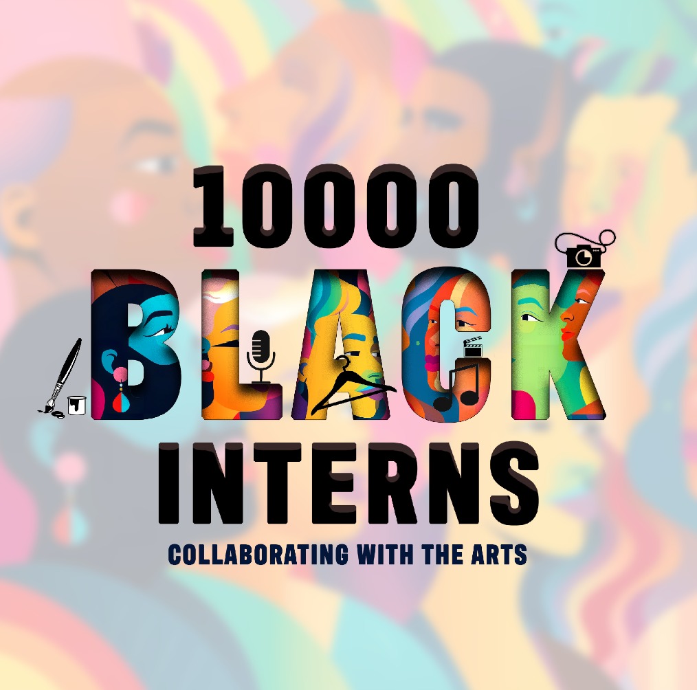 The final poster: 10000 and INTERNS in solid black, BLACK filled with colourful illustrated portraits, small icons of a paintbrush, microphone, clothes hanger, clapperboard, music notes and camera, and the navy tagline Collaborating with the arts, over a soft blurred background of illustrated faces