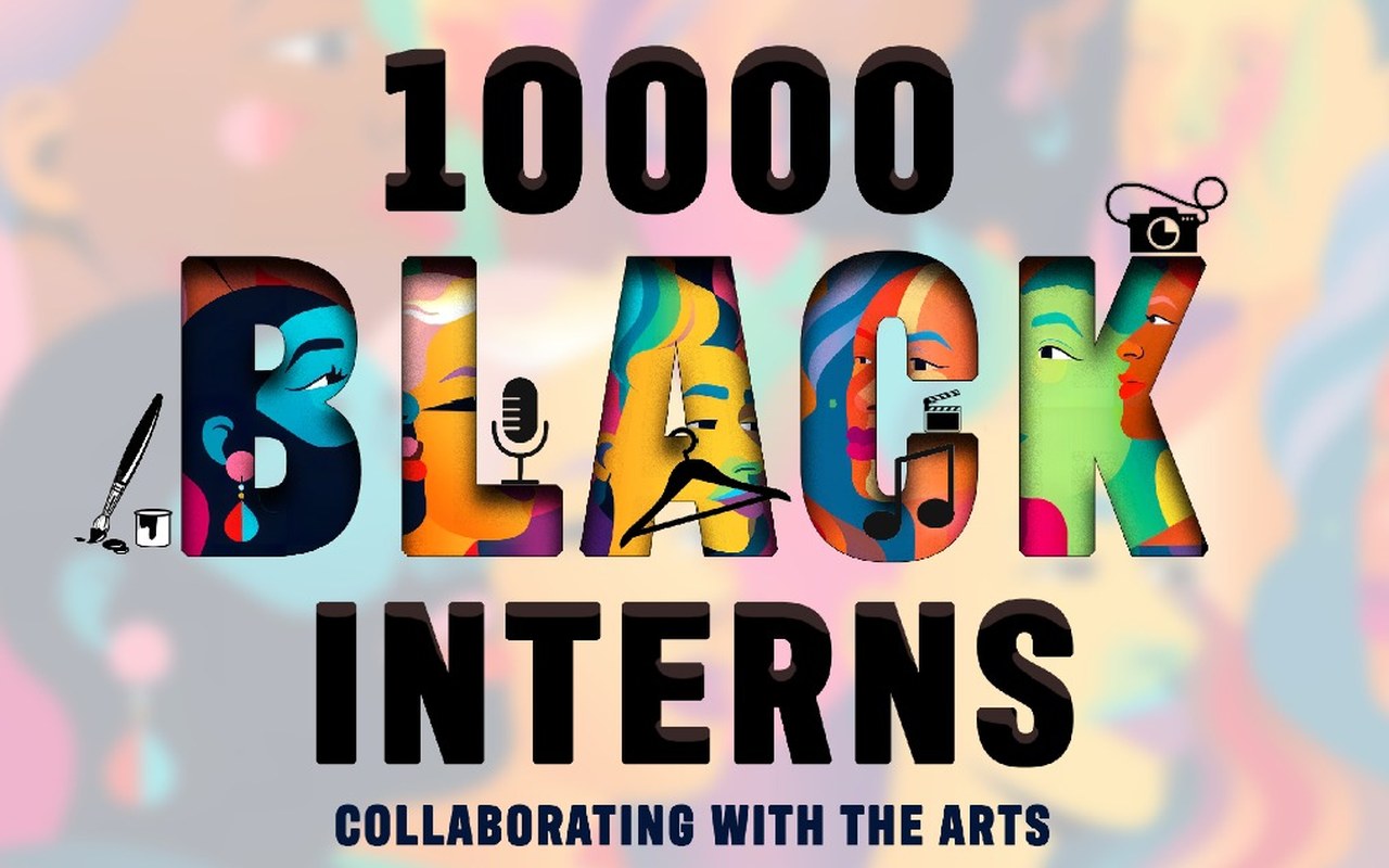 Poster for 10,000 Black Interns: the word BLACK filled with colourful illustrated portraits and small arts icons, with the tagline Collaborating with the arts