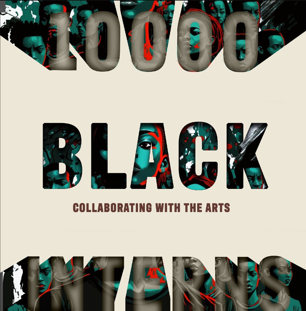 Direction three: a cream background with portraits showing through the letters of BLACK, with the number and INTERNS cropped by the poster edges
