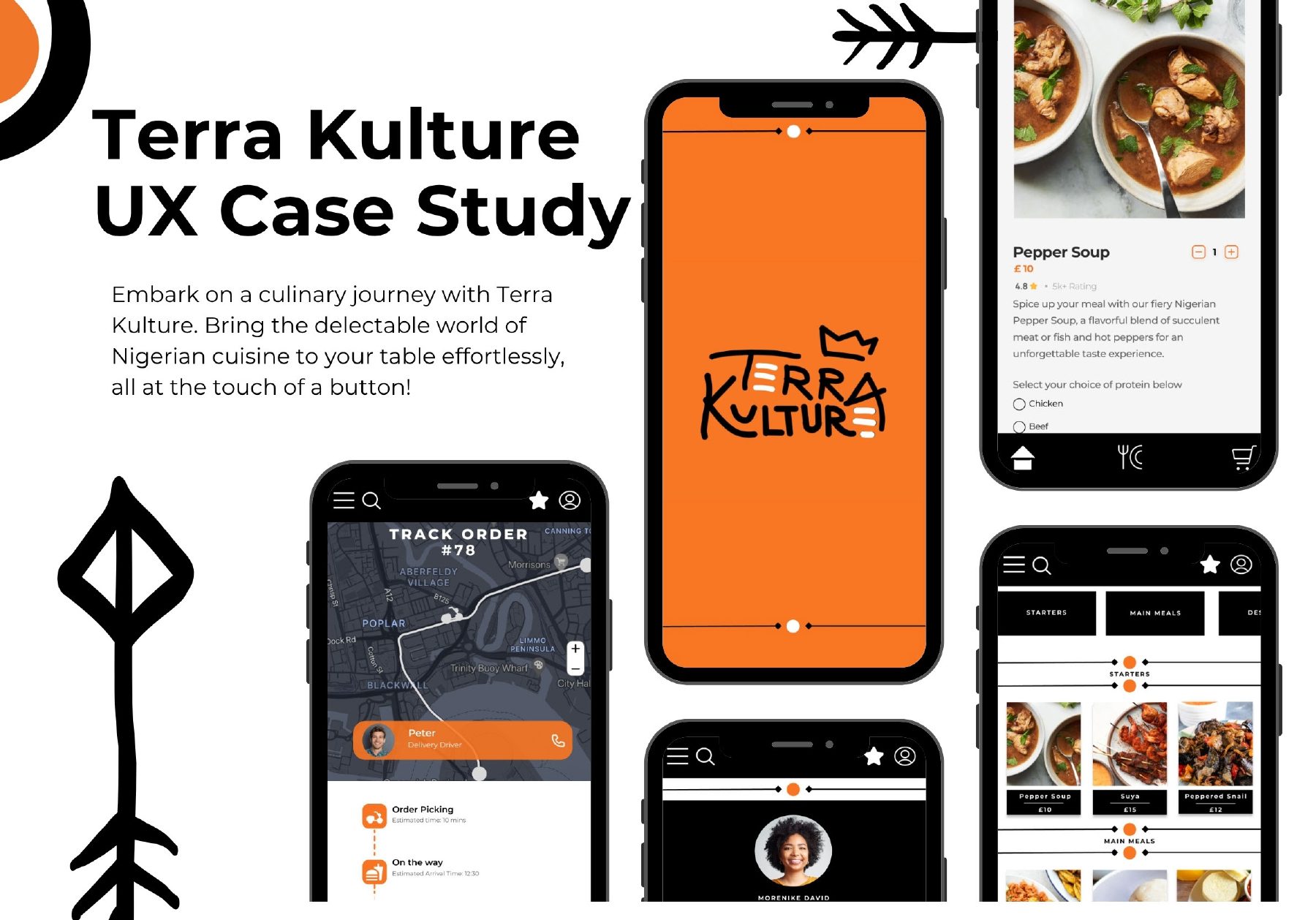 Terra Kulture app screens: splash screen, menu grid, pepper soup meal page and live order tracking map
