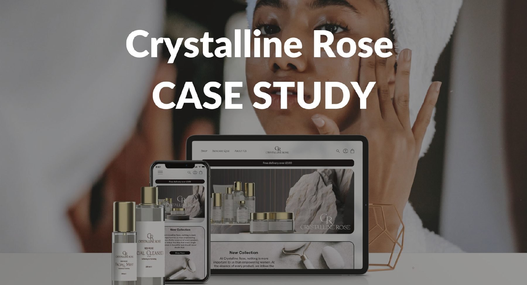 Crystalline Rose website shown on a tablet and phone beside skincare bottles