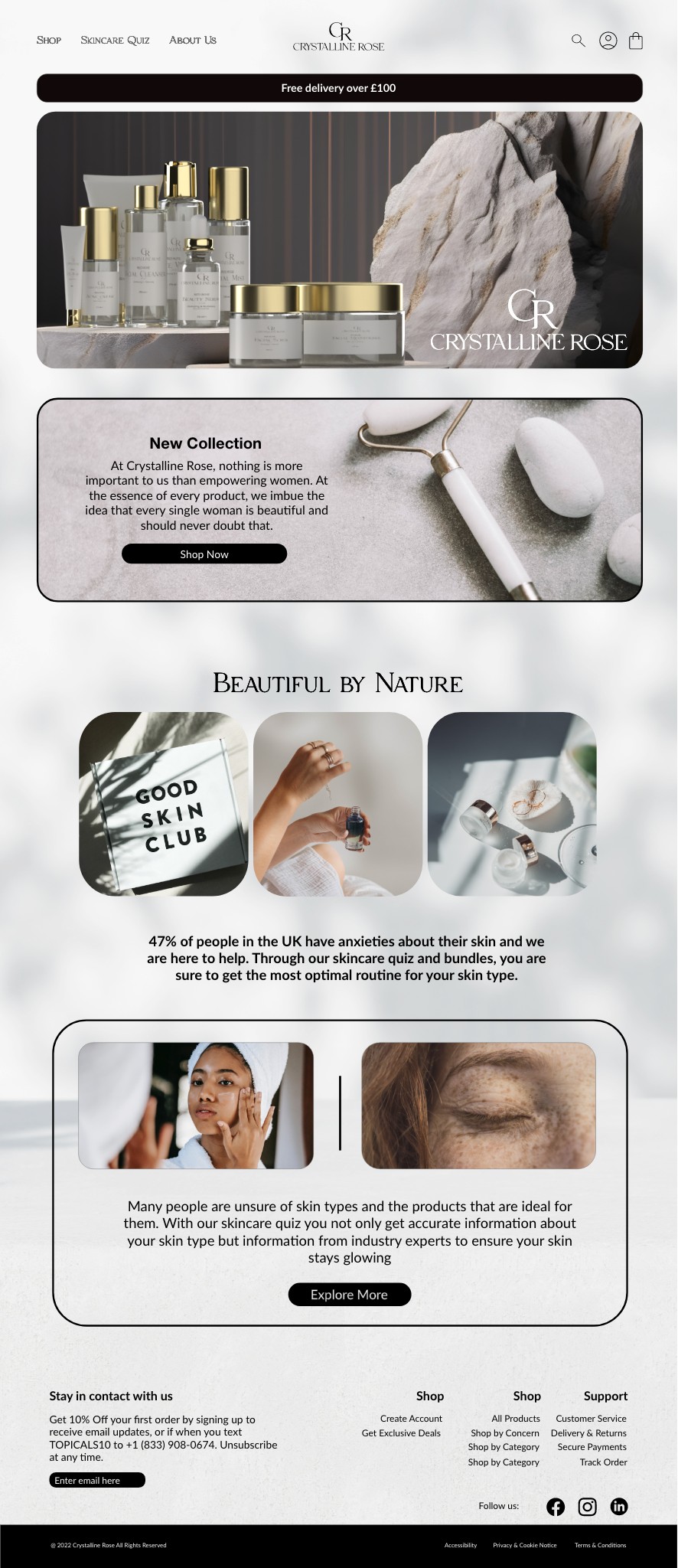 High-fidelity desktop homepage with a free delivery banner, hero image of the product range, a New Collection section, the Beautiful by Nature image row and an Explore More section