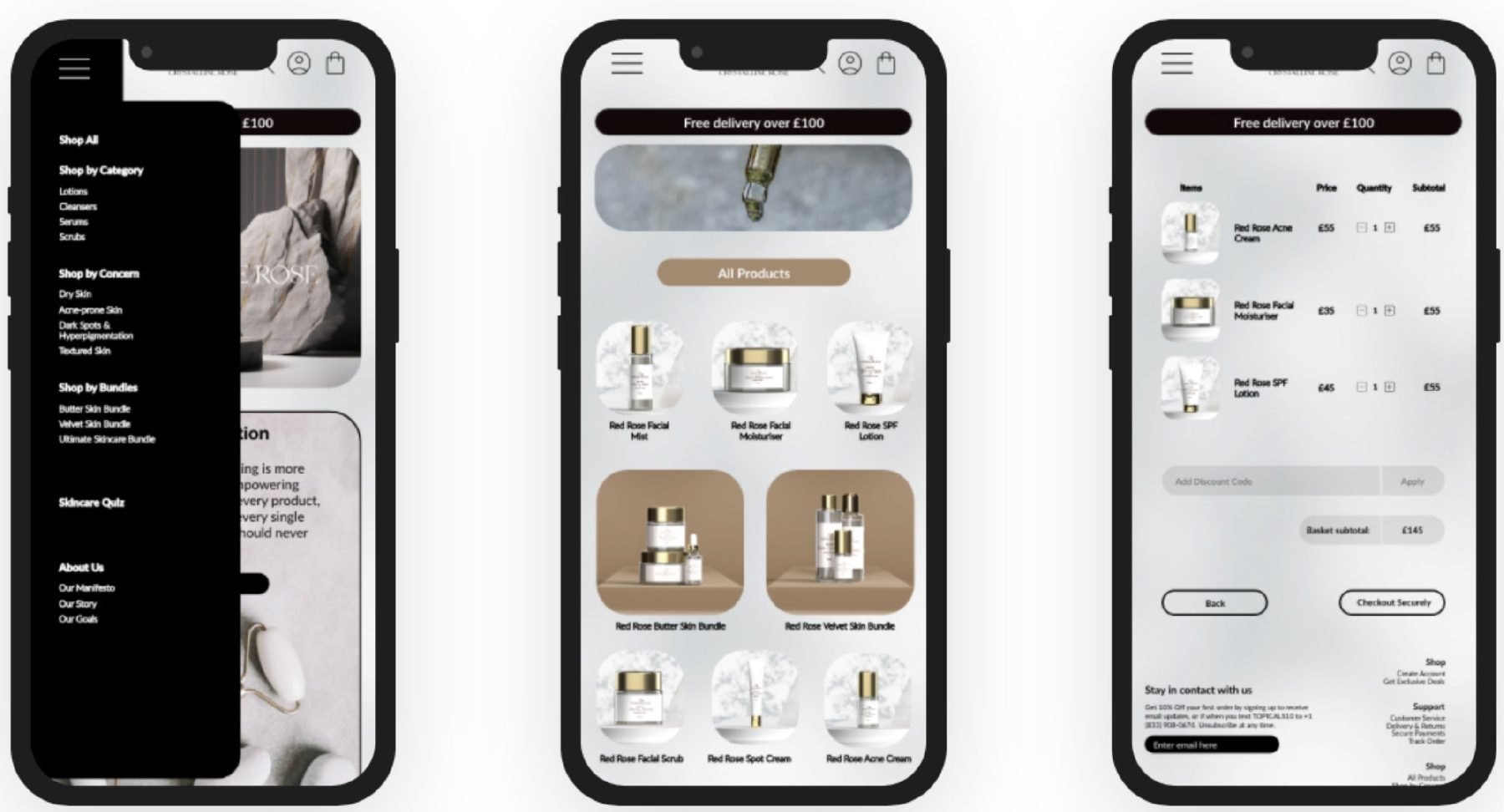 Three mobile screens: navigation menu, all products grid and basket