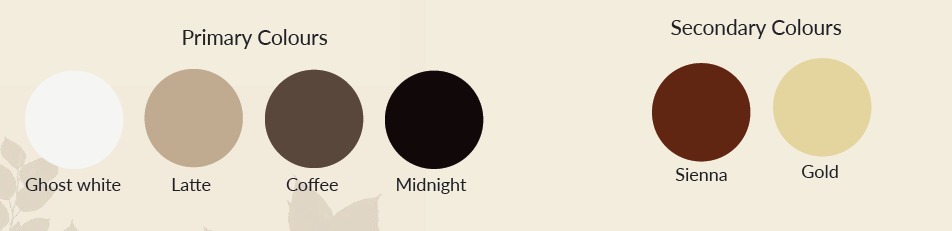 Colour palette: primary colours ghost white, latte, coffee and midnight; secondary colours sienna and gold