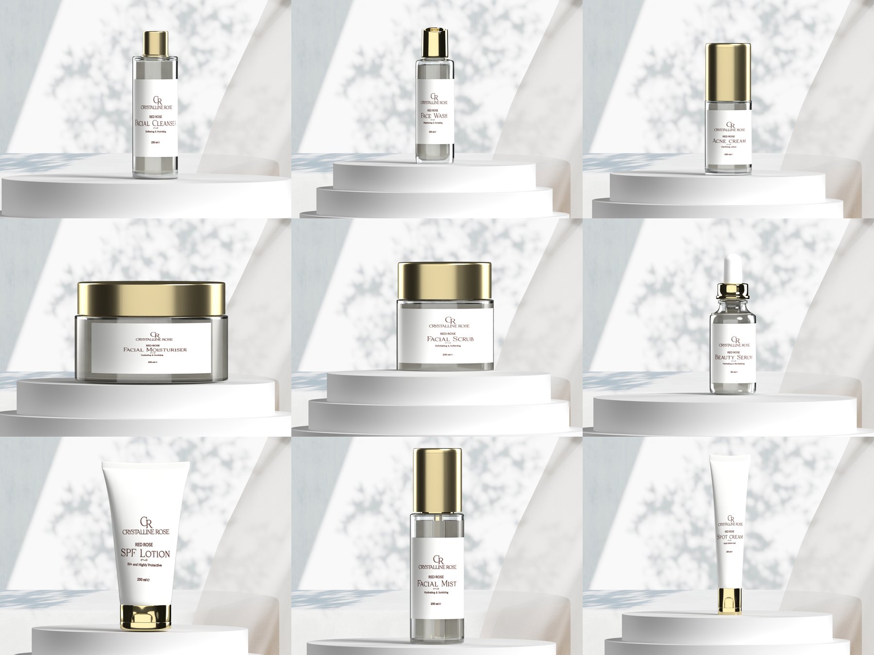 Nine product renders: cleanser, face wash, acne cream, moisturiser, scrub, serum, SPF lotion, mist and spot cream, all with white labels and gold caps