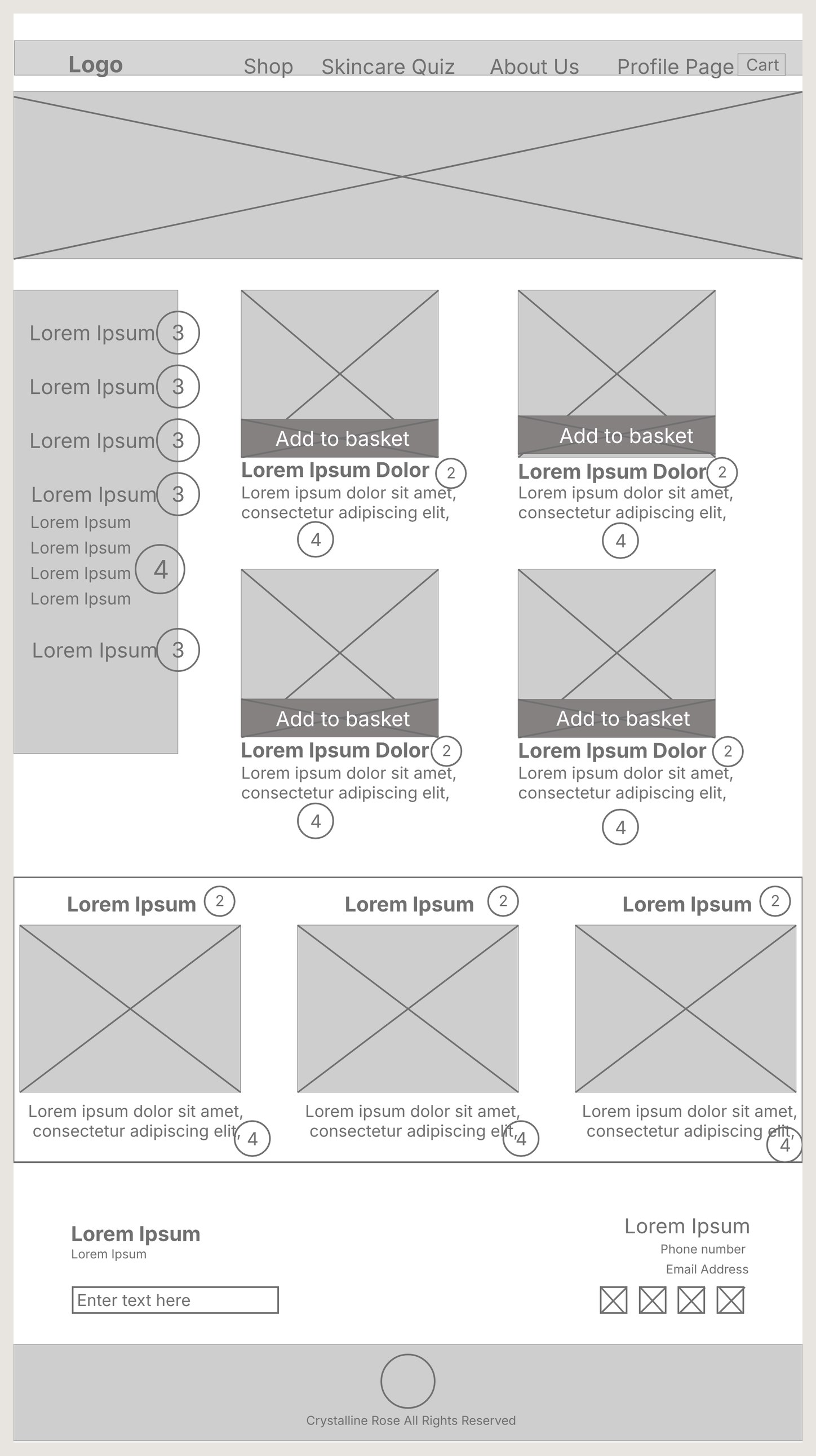 Low-fidelity wireframe of the products page with a filter sidebar and Add to basket buttons on each product