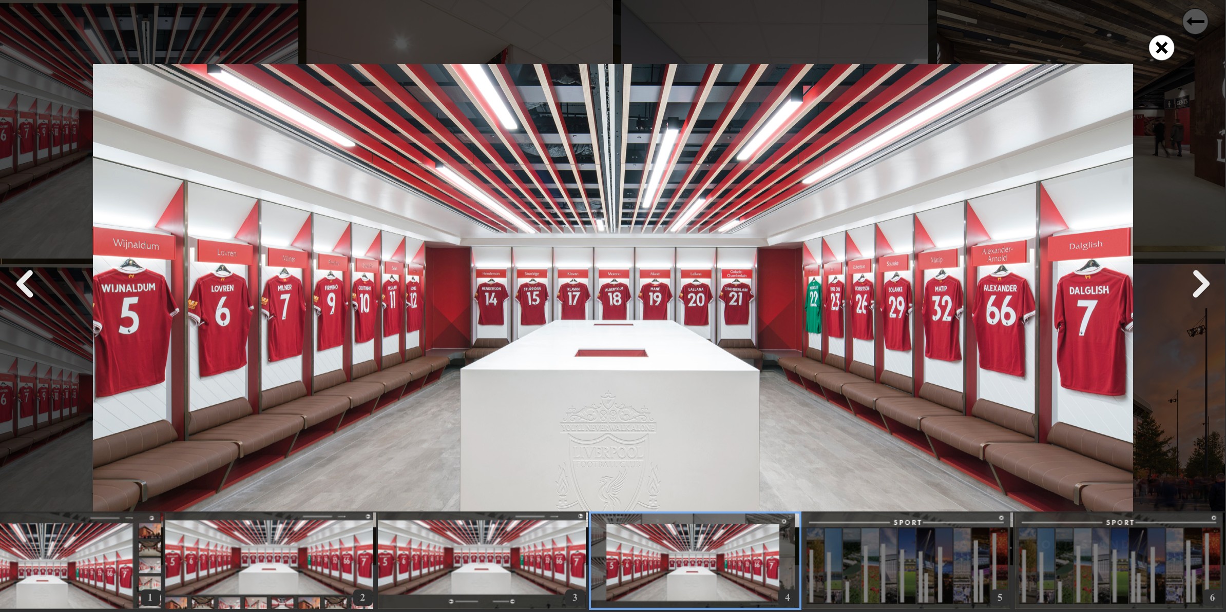 KSS Mobile Folio image viewer showing a stadium dressing room, with a strip of thumbnails along the bottom
