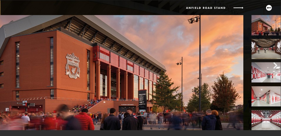 Image viewer wireframe with the Anfield Road Stand as the large image and a side panel of thumbnails on the right