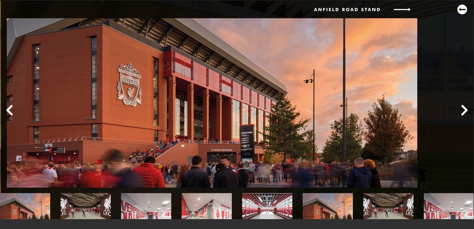 Image viewer wireframe with the Anfield Road Stand as the large image and a strip of thumbnails along the bottom