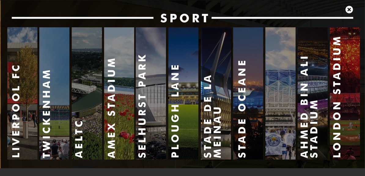 Sport page in a dark style with a strip of stadium images
