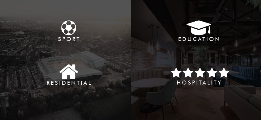 The home page with Sport, Education, Residential and Hospitality to choose from