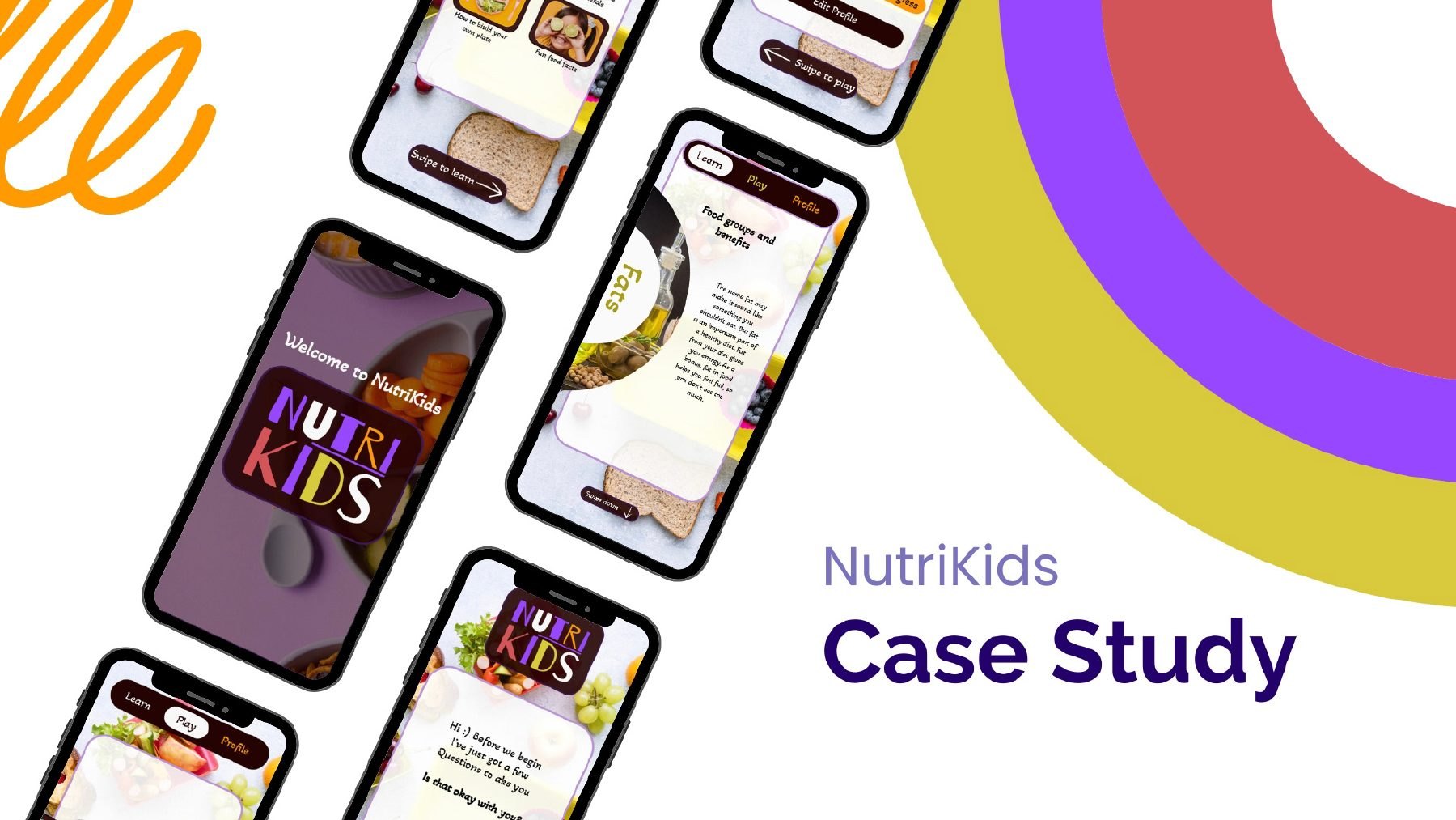 NutriKids app screens with the Learn, Play and Profile tabs