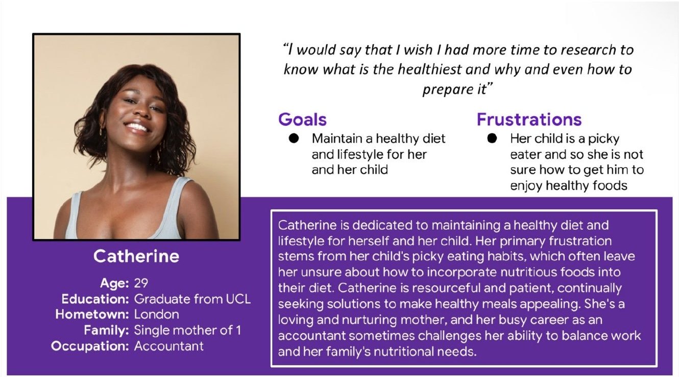 Persona card for Catherine, a 29-year-old accountant from London and single mother of one, with goals and frustrations