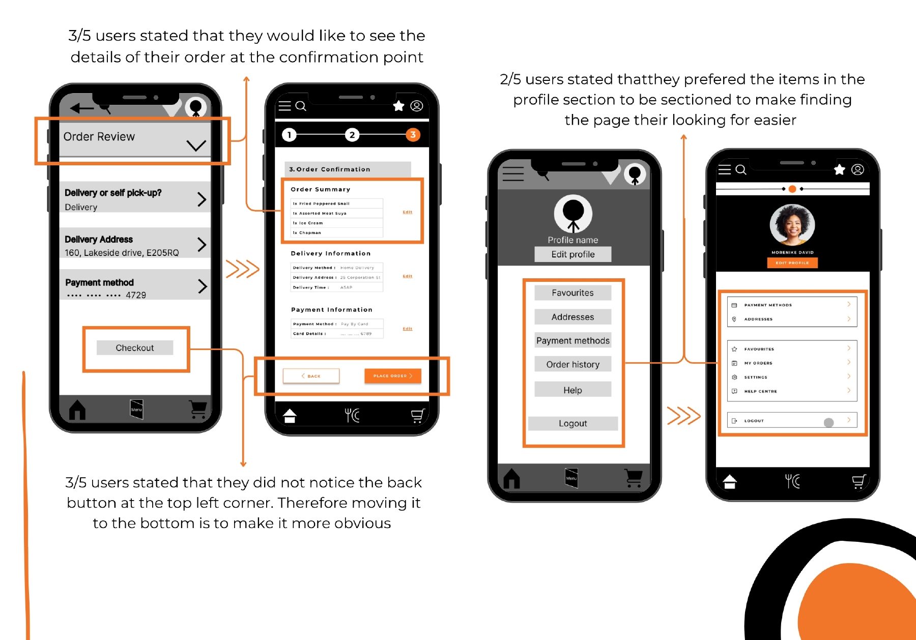 Before and after screens for the order confirmation and the profile page